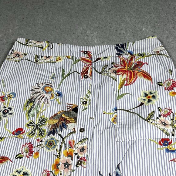 River Island Midi Skirt Womens Size 10 Blue White Stripe Floral Pockets Slit - Picture 2 of 12